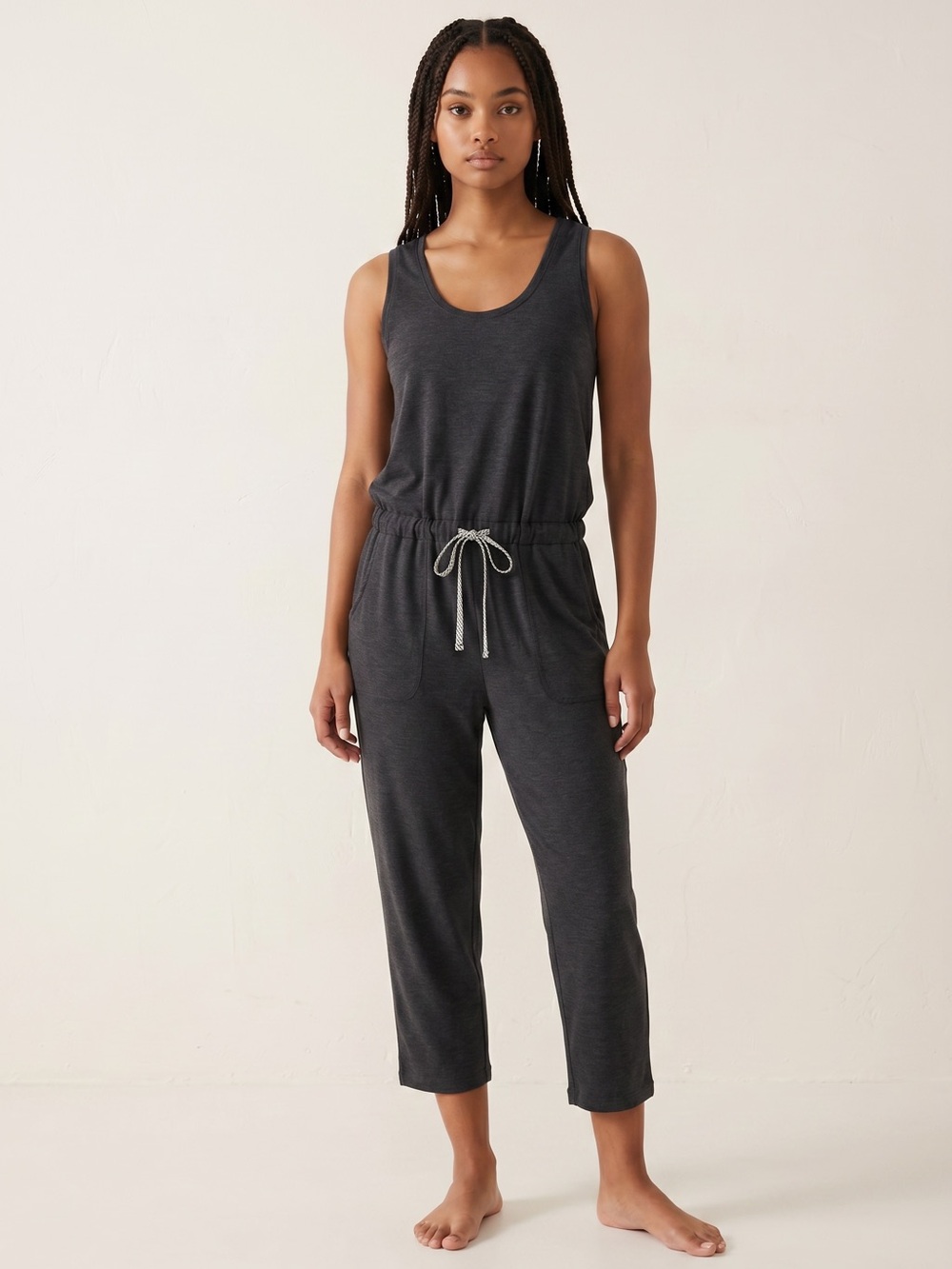 Zella Charcoal Gray Sleeveless Jumpsuit Lounge Athleisure Tie Waist Pockets